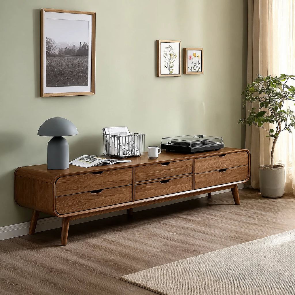 Mid Century Natural Solid Wood TV Stand with Six Drawer Storage