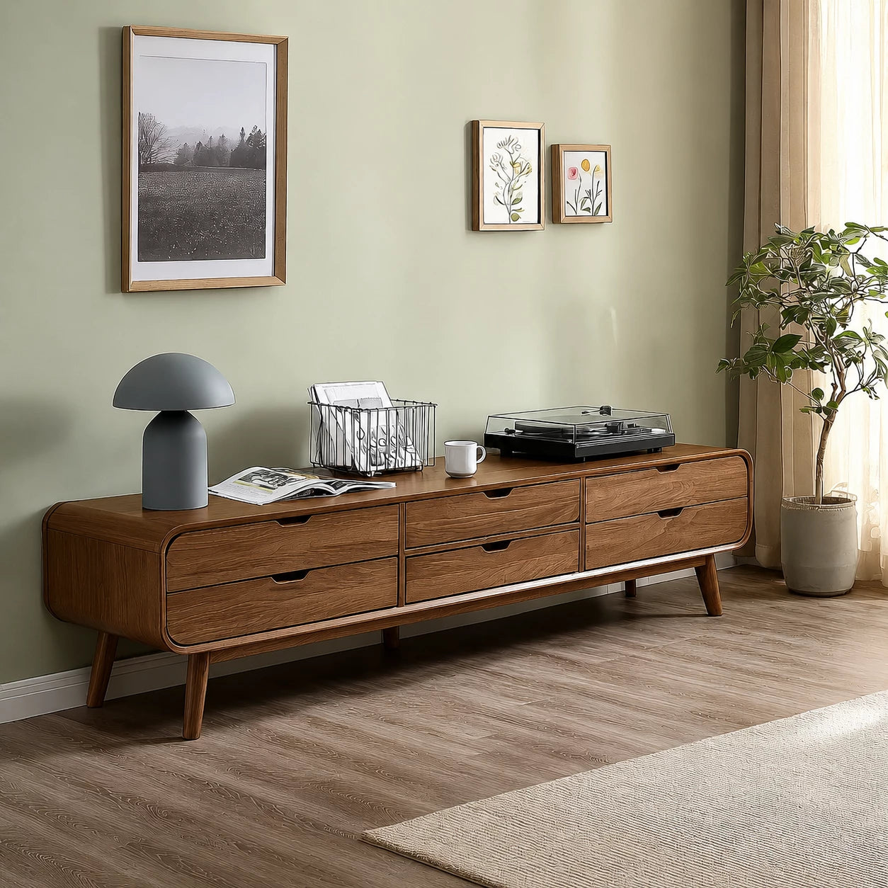 Mid Century Natural Solid Wood TV Stand with Six Drawer Storage