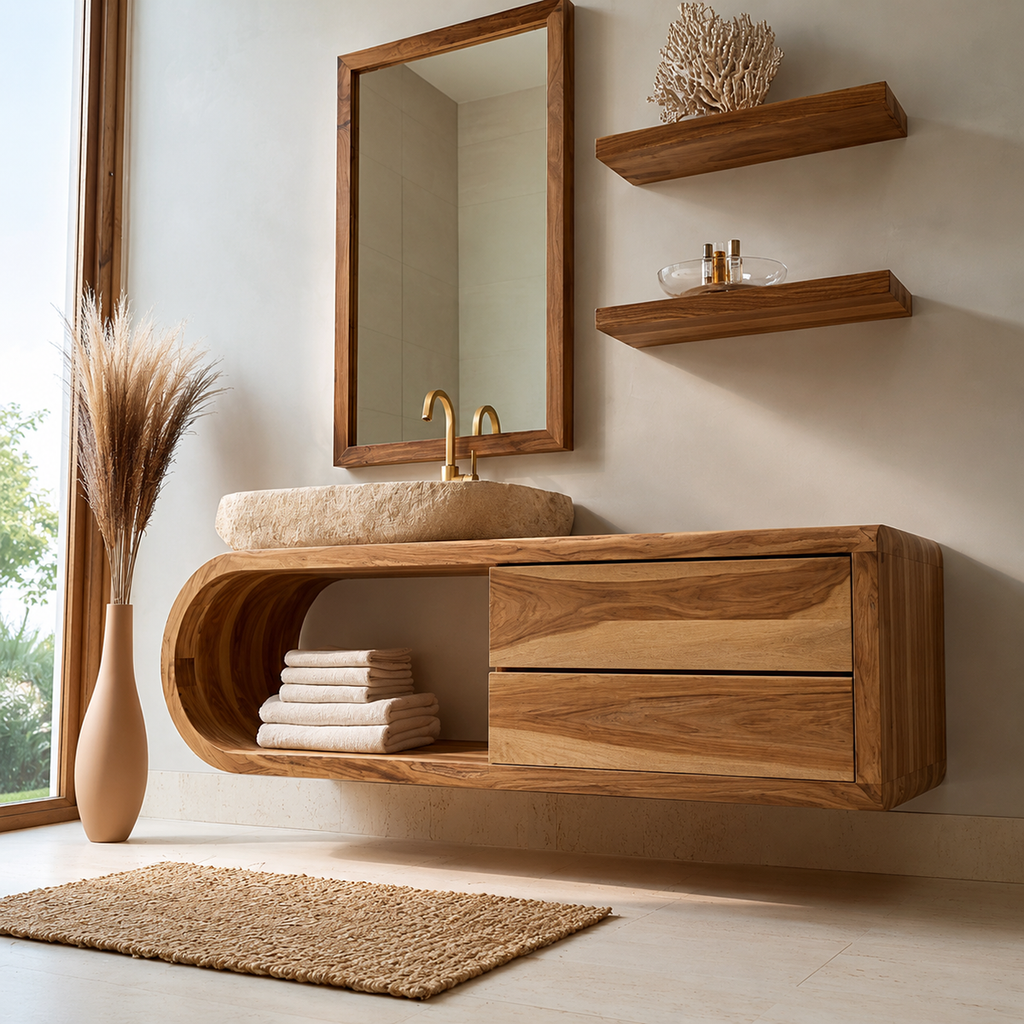 Natural Solid Wood Bathroom Cabinet with 4 Drawers – Wave Front Modern Style