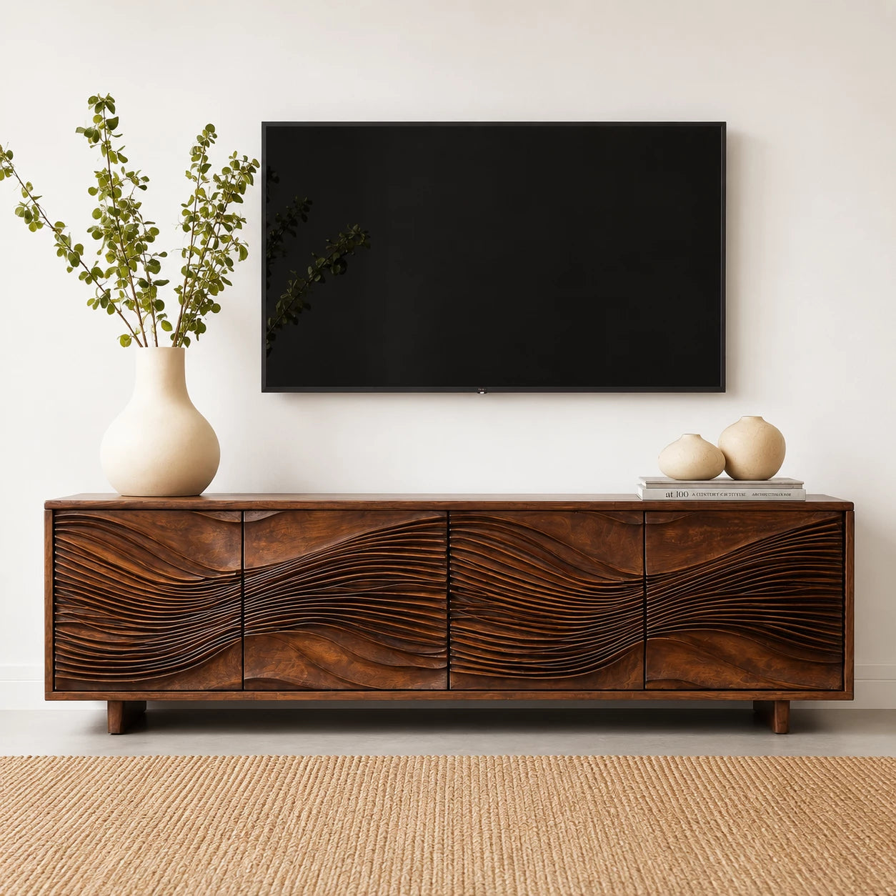 Carved Wave Natural Solid Wood TV Stand with Four Door Storage