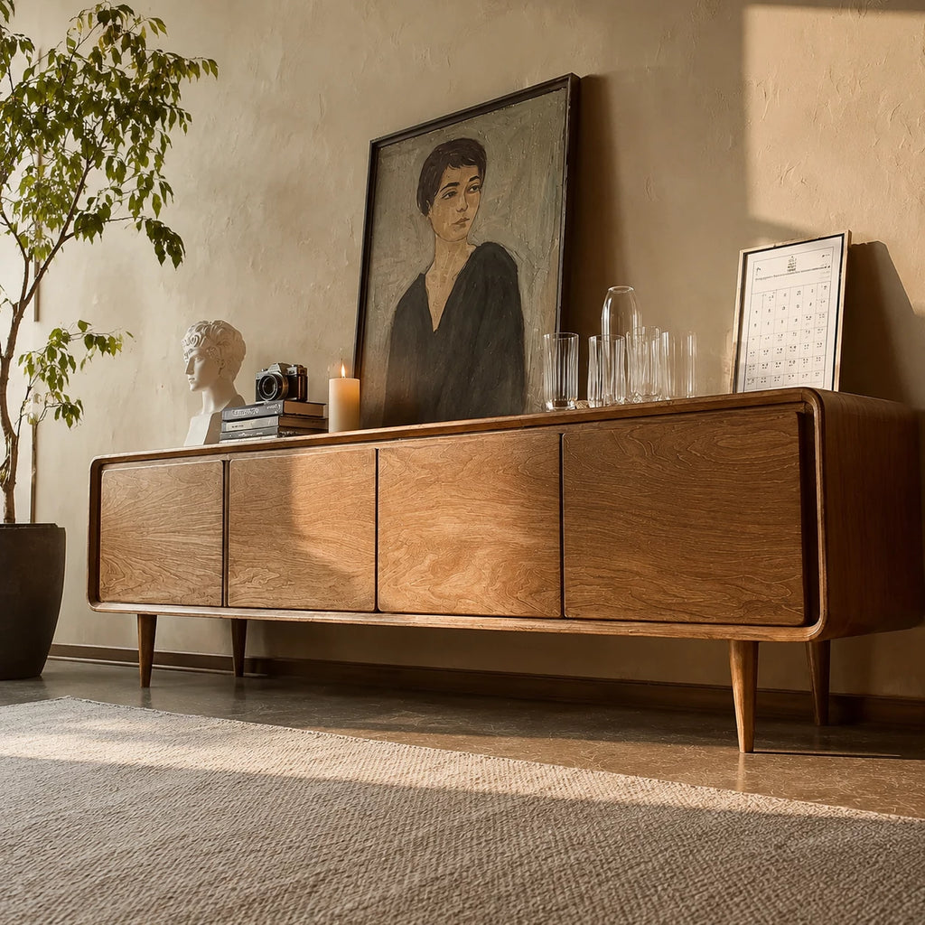 Low Profile Natural Solid Wood TV Stand with Rounded Four Door Storage
