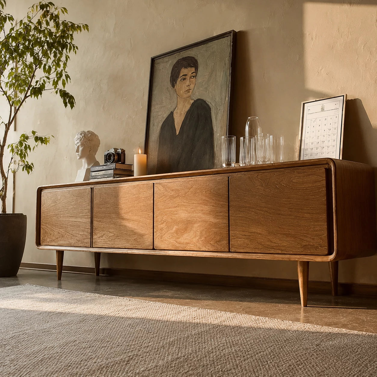 Low Profile Natural Solid Wood TV Stand with Rounded Four Door Storage