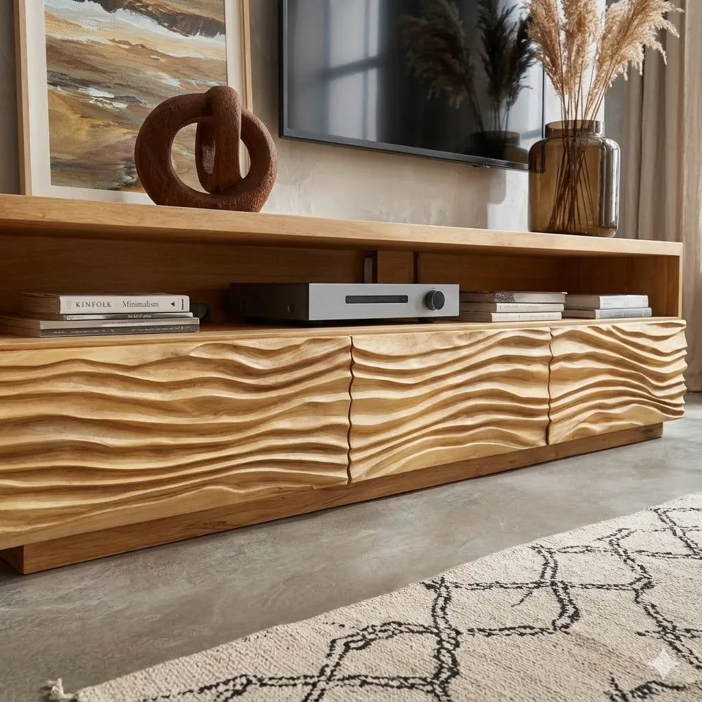 Modern Natural Solid Wood TV Stand with Wave Front Cabinet Design