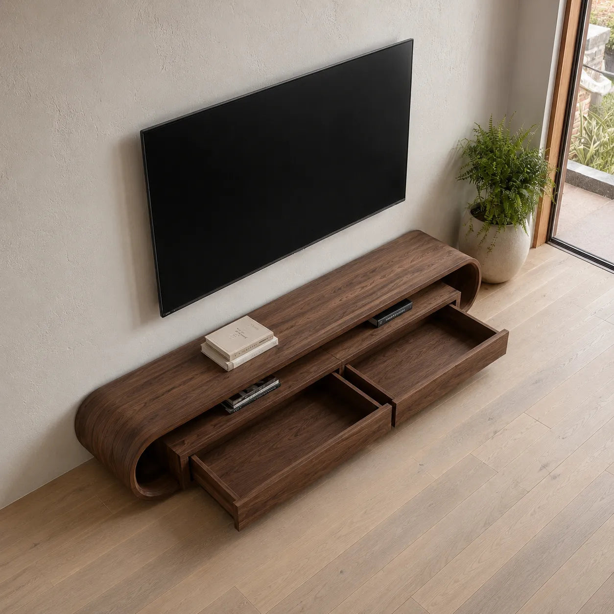Capsule Natural Solid Wood TV Stand with Open Shelf Media Storage