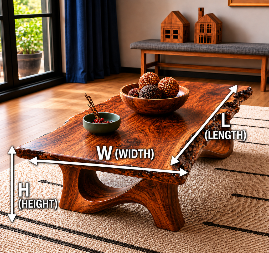 Live Edge Natural Solid Wood Coffee Table with Sculptural Base