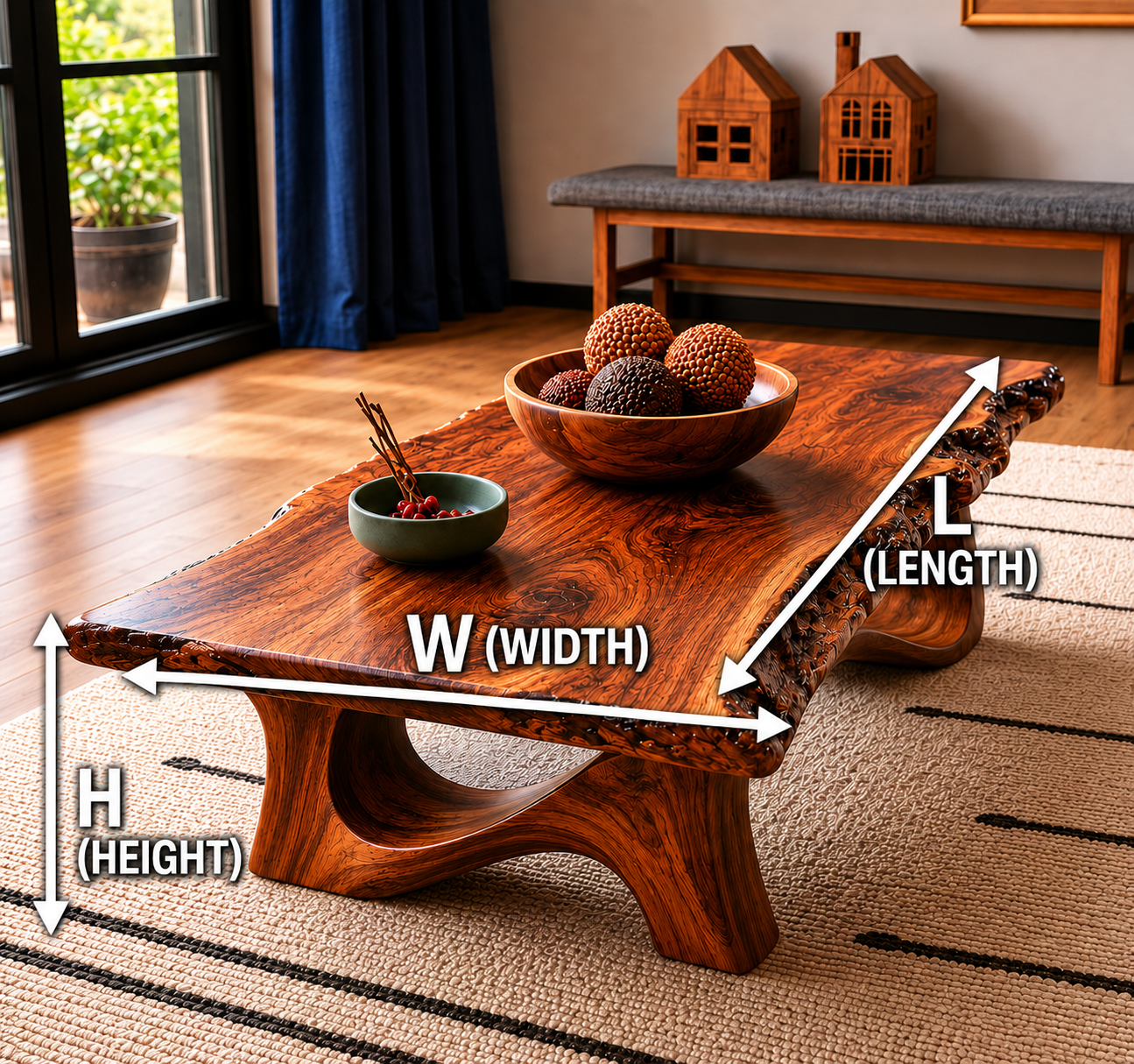 Live Edge Natural Solid Wood Coffee Table with Sculptural Base