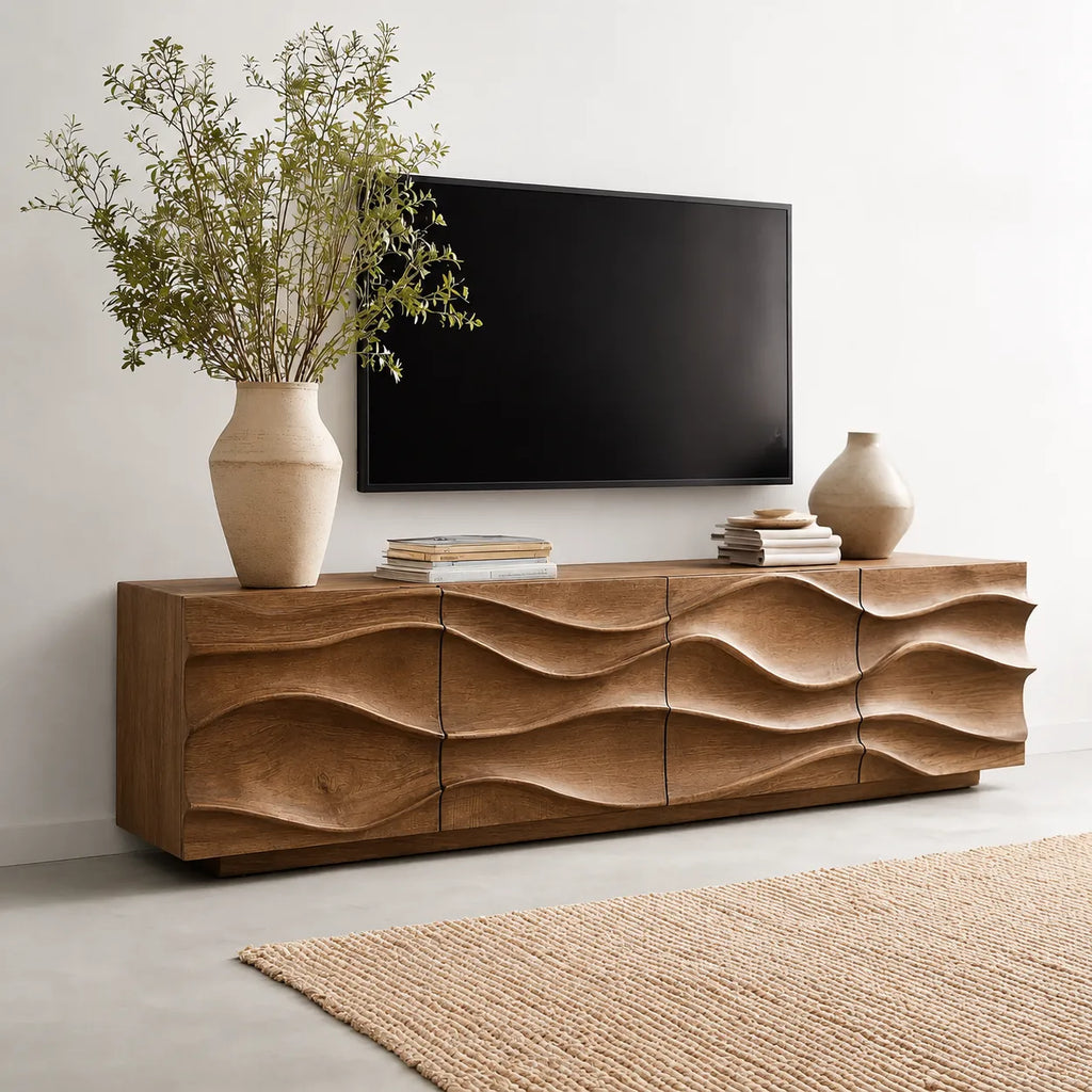 Sculpted Wave Natural Solid Wood TV Stand with Eight Drawer Storage