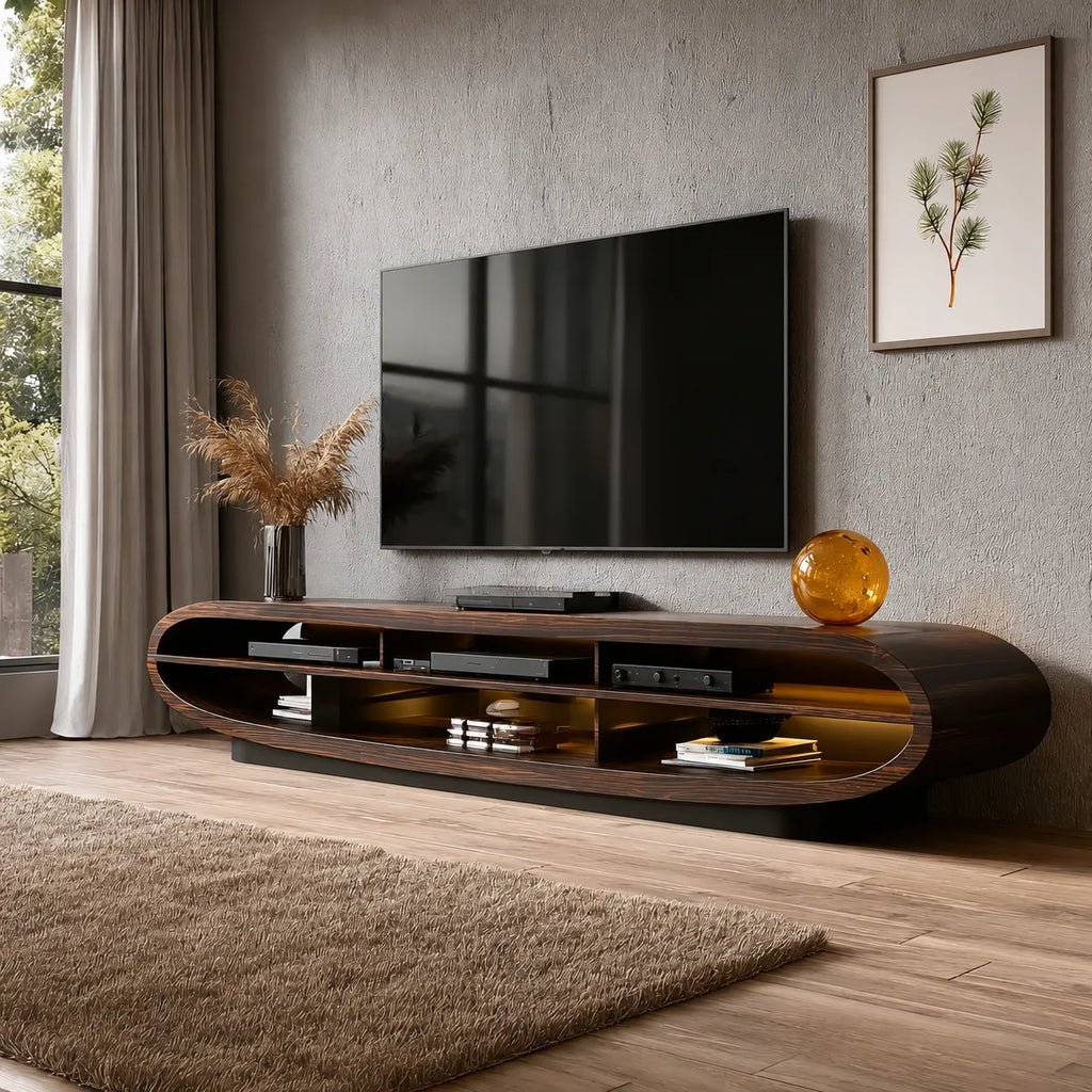 Curved Natural Solid Wood TV Stand with Open Media Console Storage