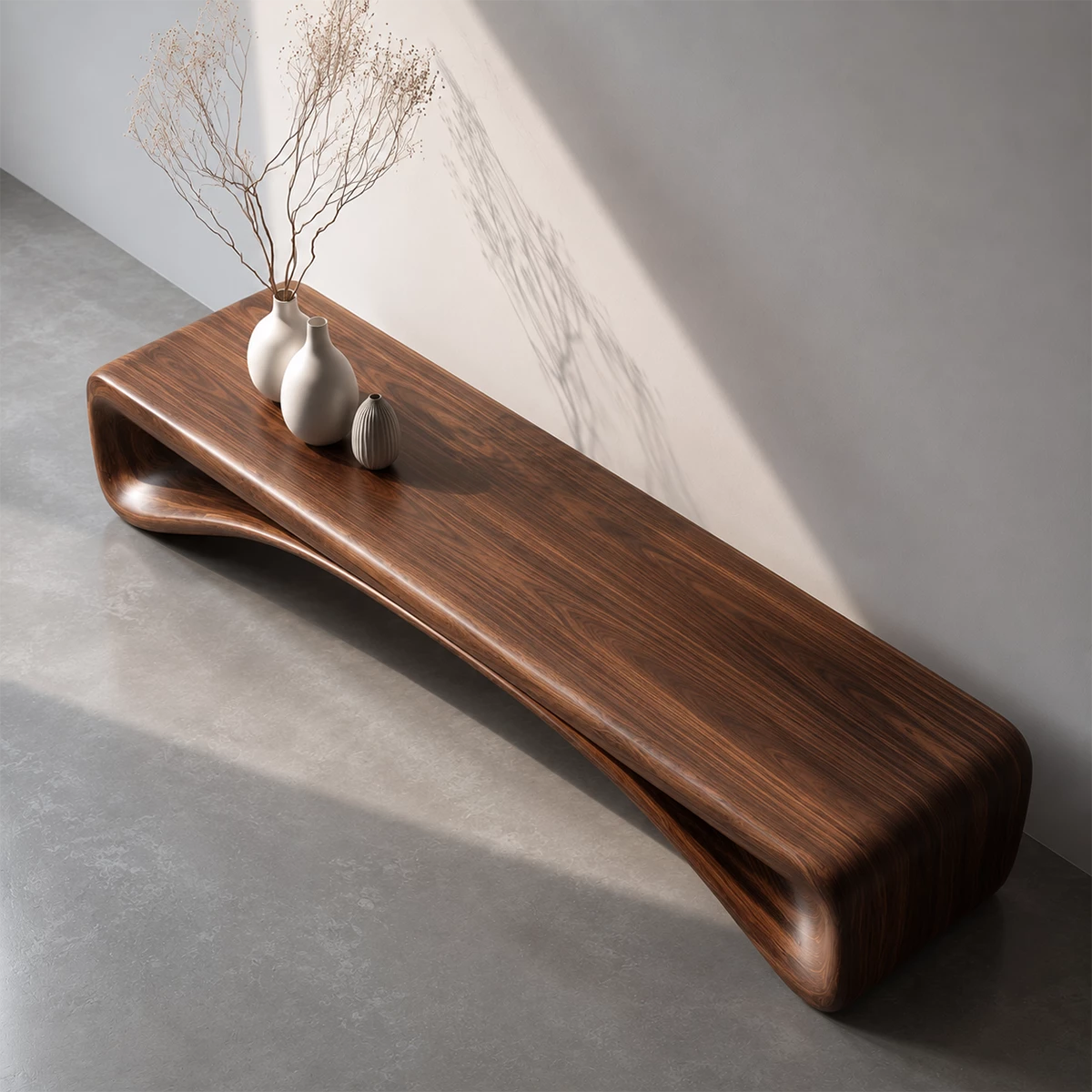 Organic Curved Wood Console Bench – Natural Wood Entryway Table for Modern Interior