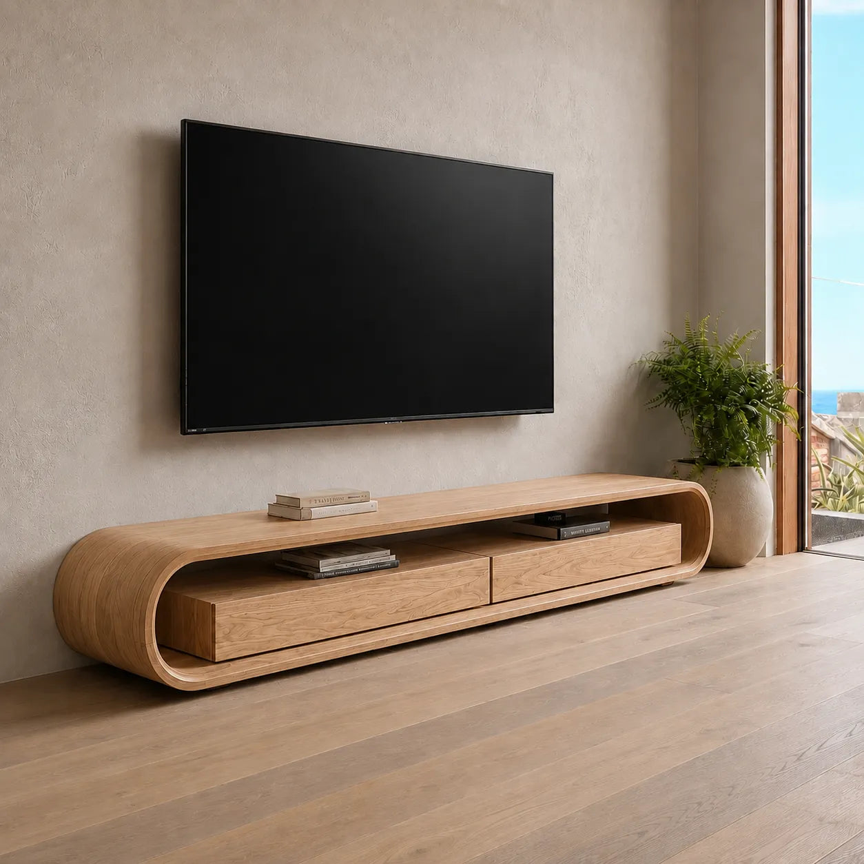 Capsule Natural Solid Wood TV Stand with Open Shelf Media Storage