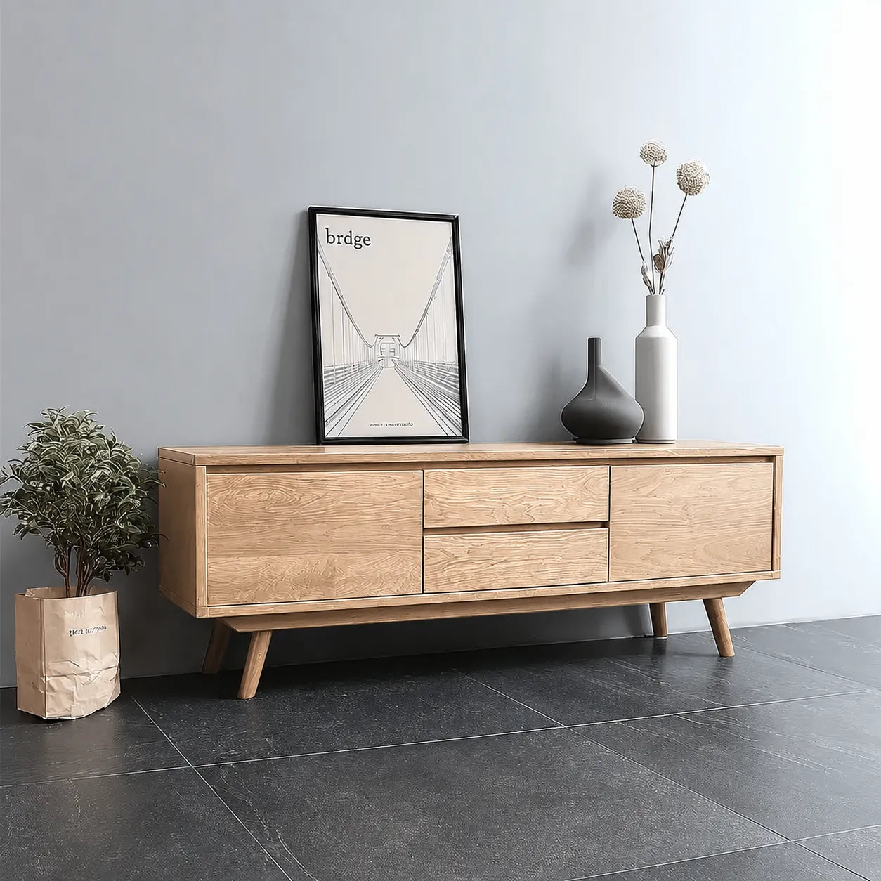 Mid Century Natural Solid Wood TV Stand with Drawer and Cabinet Storage