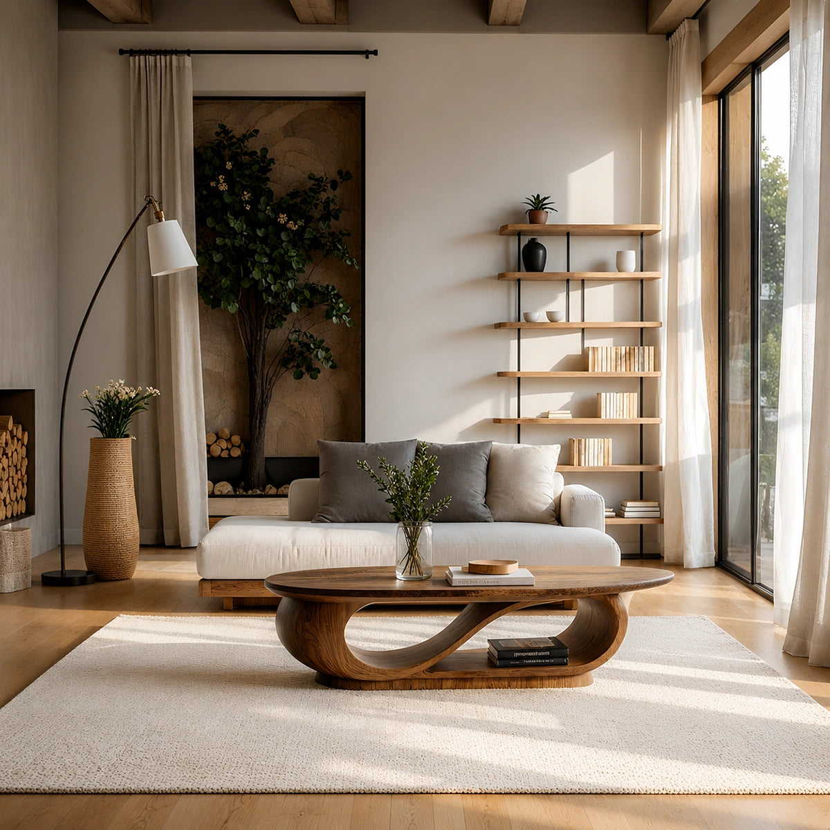 Natural Solid Wood Oval Coffee Table with Sculptural Loop Base and Lower Shelf