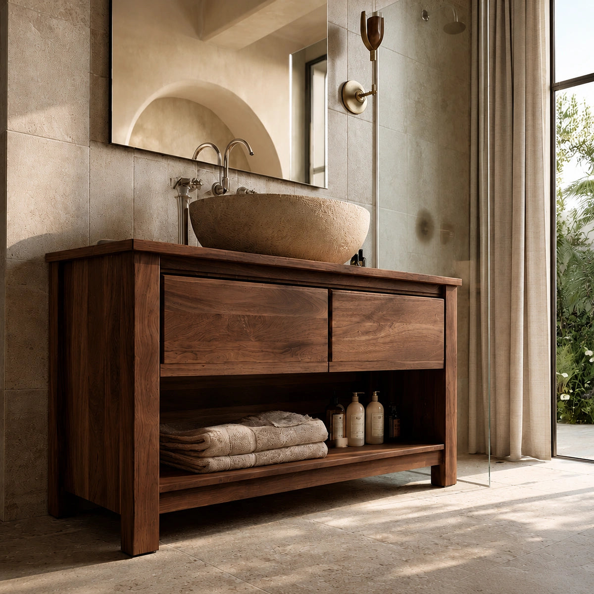 Natural Solid Wood Bathroom Vanity with 2 Drawers and Open Shelf