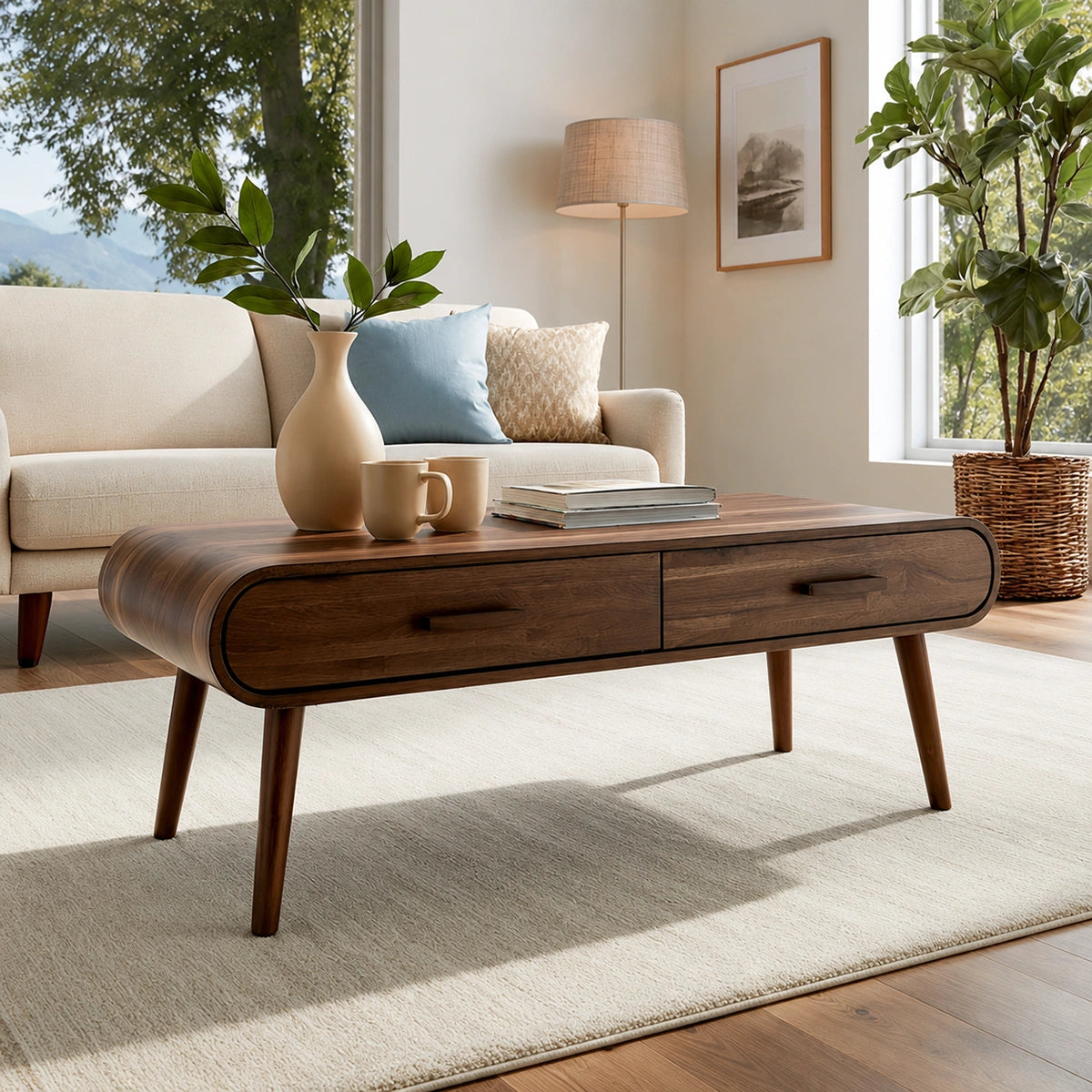 Natural Solid Wood Coffee Table with 2 Drawers – Mid-Century Modern Style