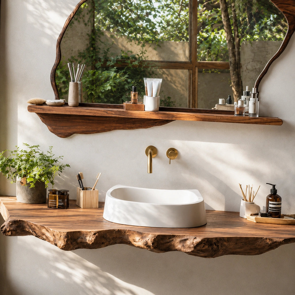 Natural Solid Wood Floating Bathroom Vanity with Sculptural Live Edge Slab