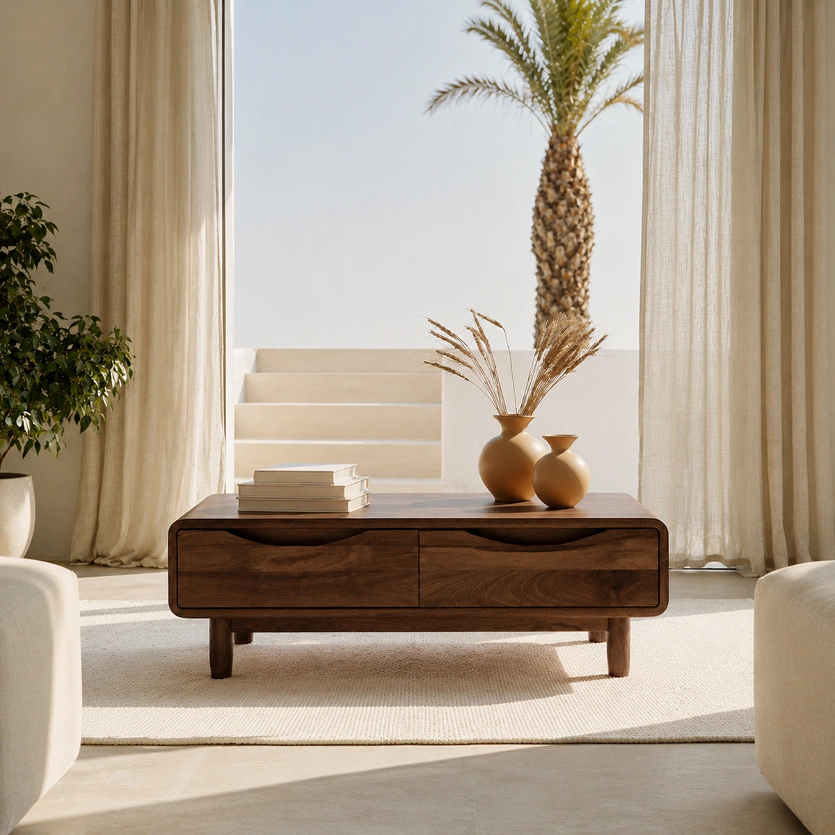 Rounded Natural Solid Wood Coffee Table with Two Storage Drawers