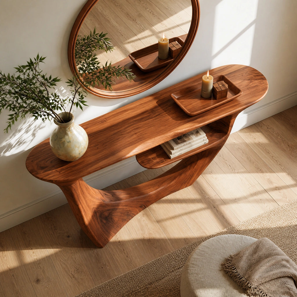 Sculptural Natural Solid Wood Console Table with Integrated Display Shelf