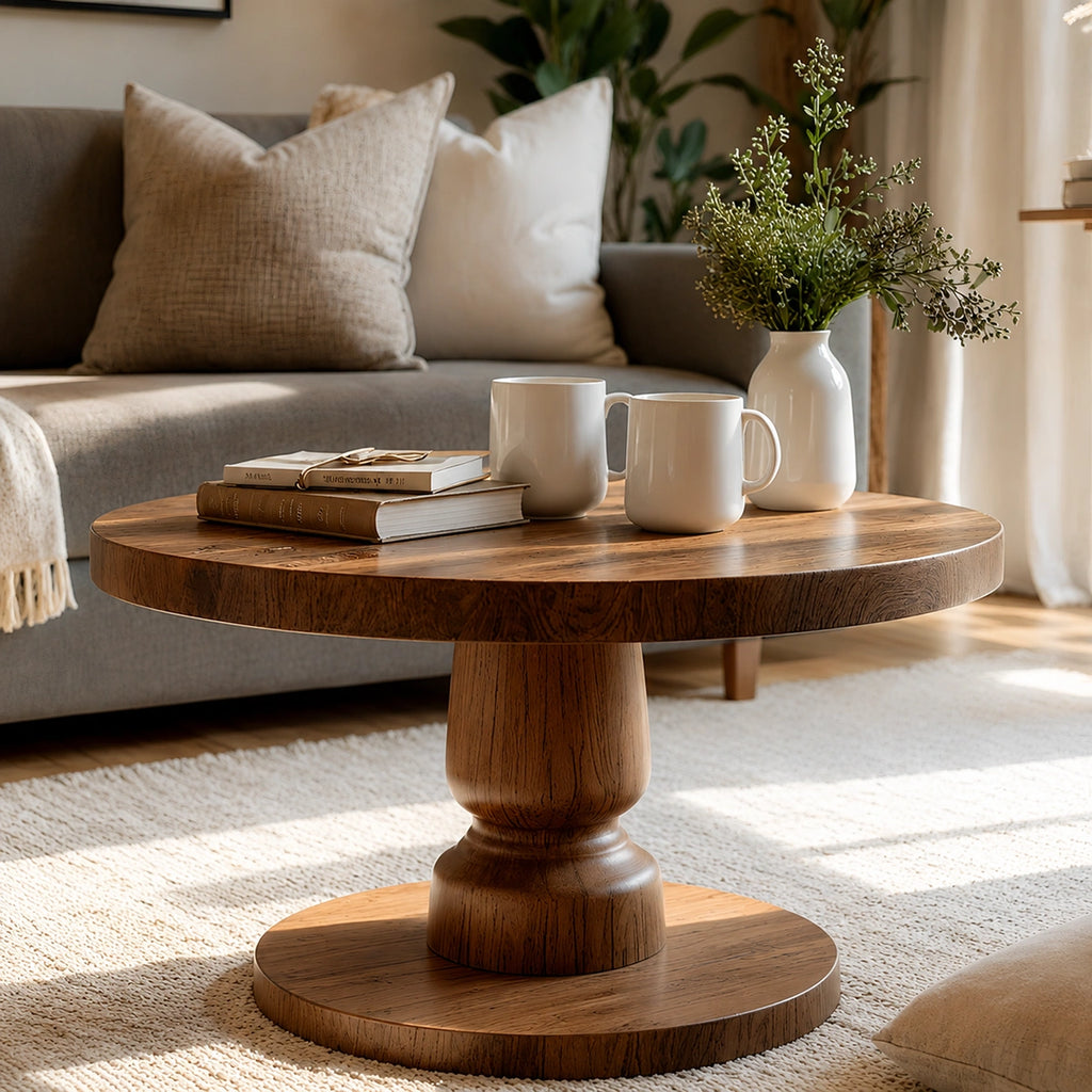 Natural Solid Wood Round Coffee Table – Sculptural Pedestal Style