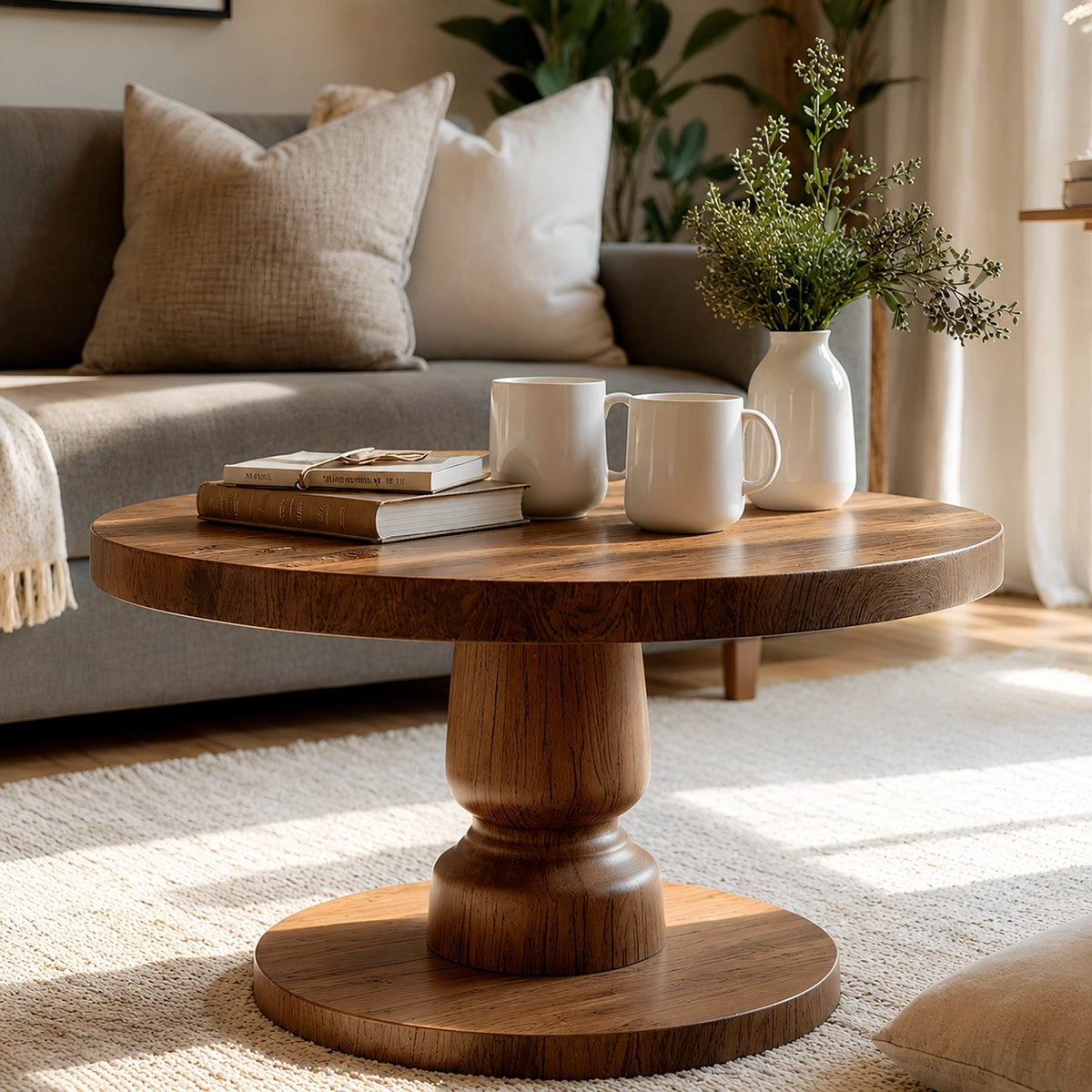 Natural Solid Wood Round Coffee Table – Sculptural Pedestal Style