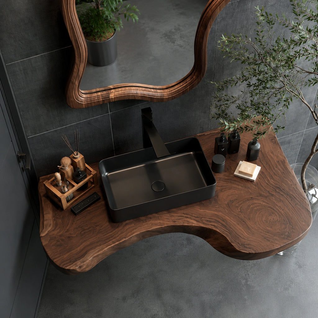 Natural Solid Wood Floating Bathroom Vanity with Sculptural Edge