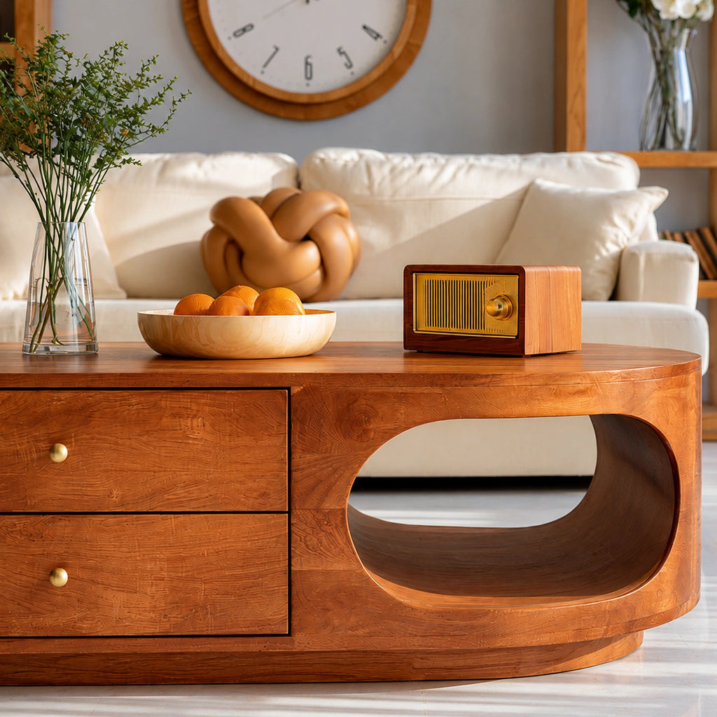 Natural Solid Wood Coffee Table with Drawers – Rounded Modern Style