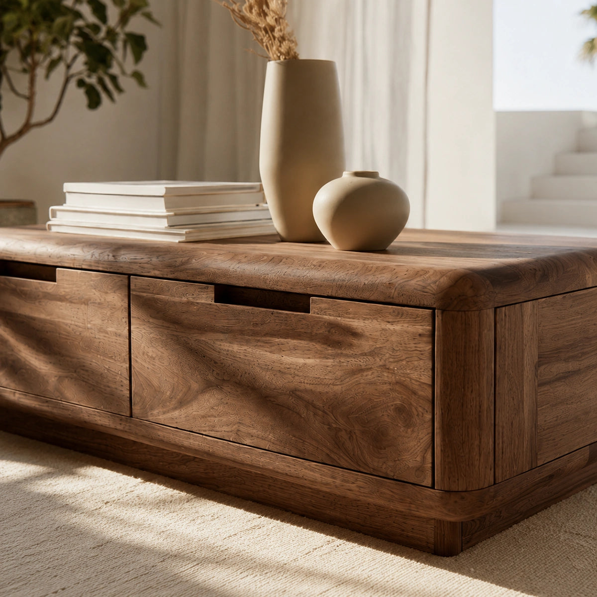Natural Solid Wood Coffee Table – Rounded Modern Storage Style