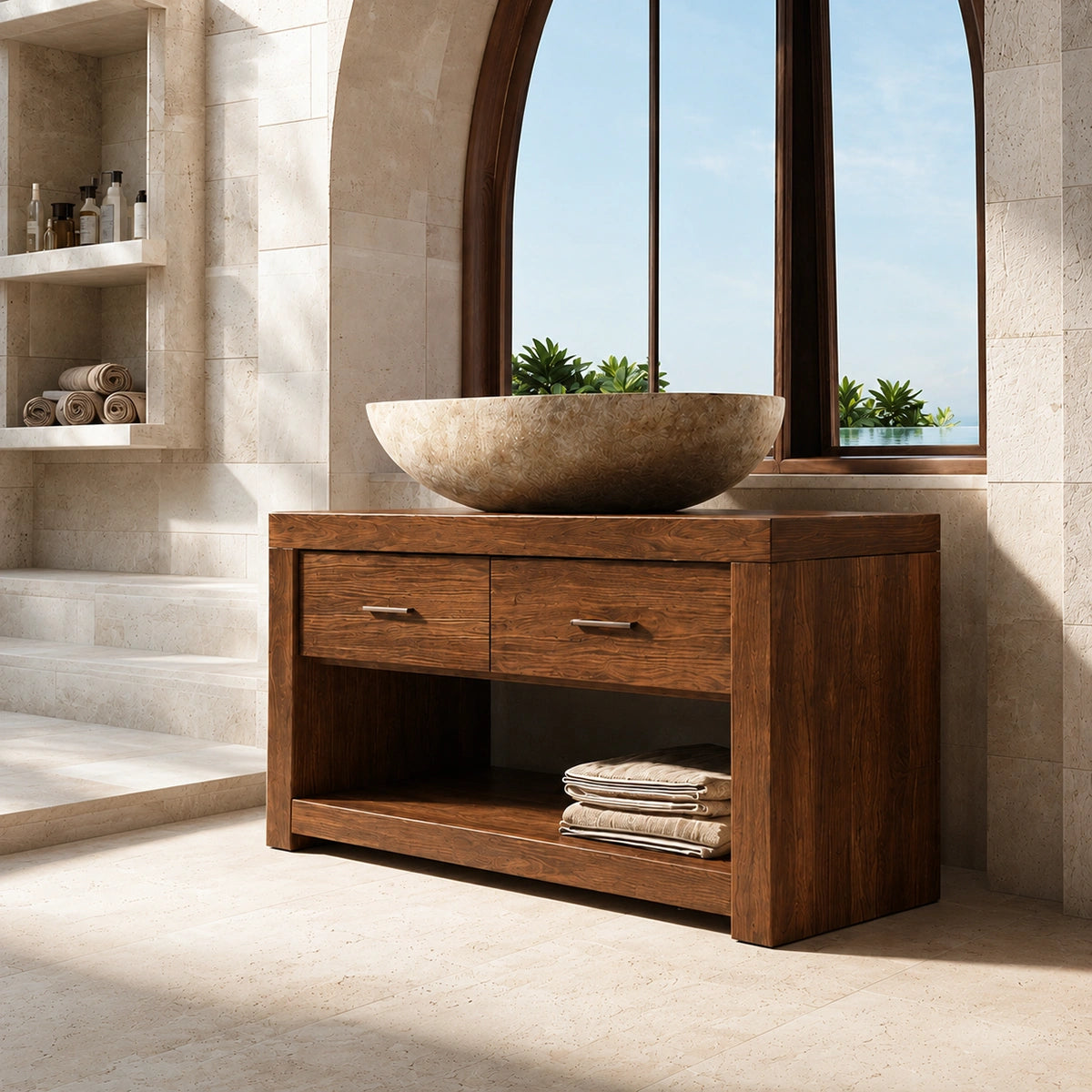 Natural Solid Wood Bathroom Vanity with 2 Drawers and Open Shelf