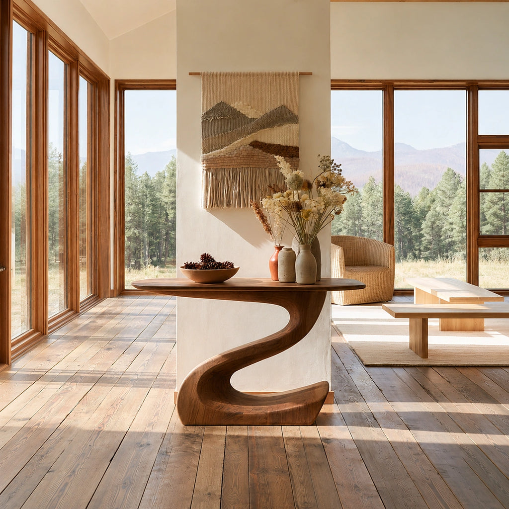 Sculptural Natural Solid Wood Console Table with Flowing S Curve Base