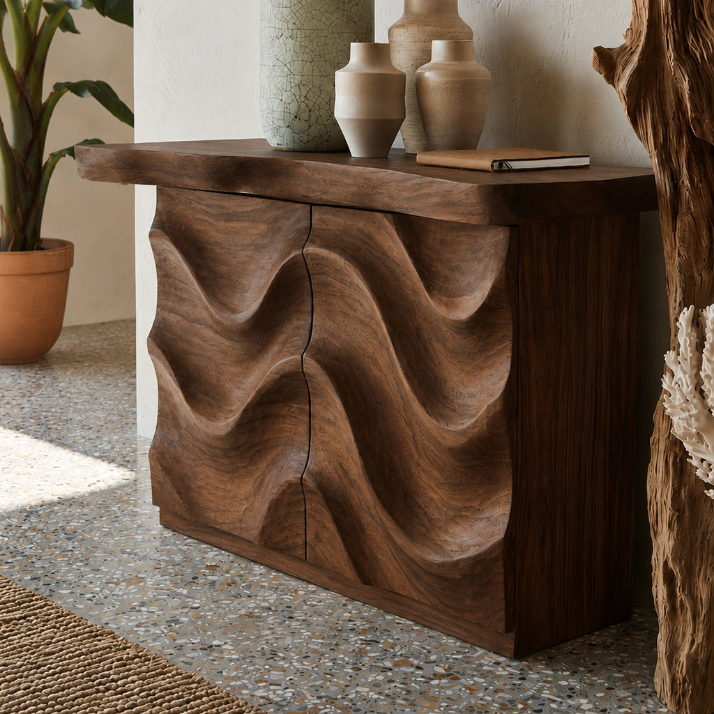Wave Front Natural Solid Wood Sideboard Cabinet with Hidden Storage