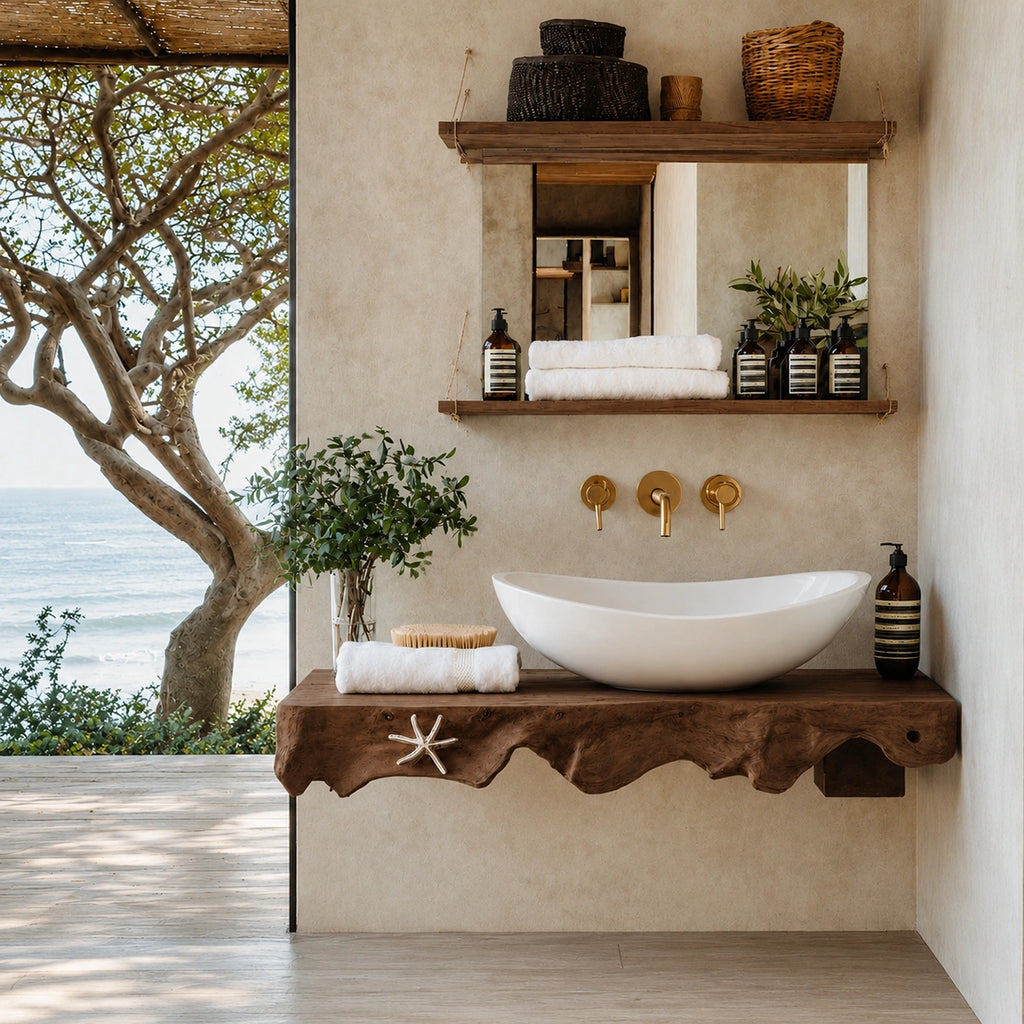 Natural Solid Wood Floating Bathroom Vanity with Sculptural Root Edge Slab