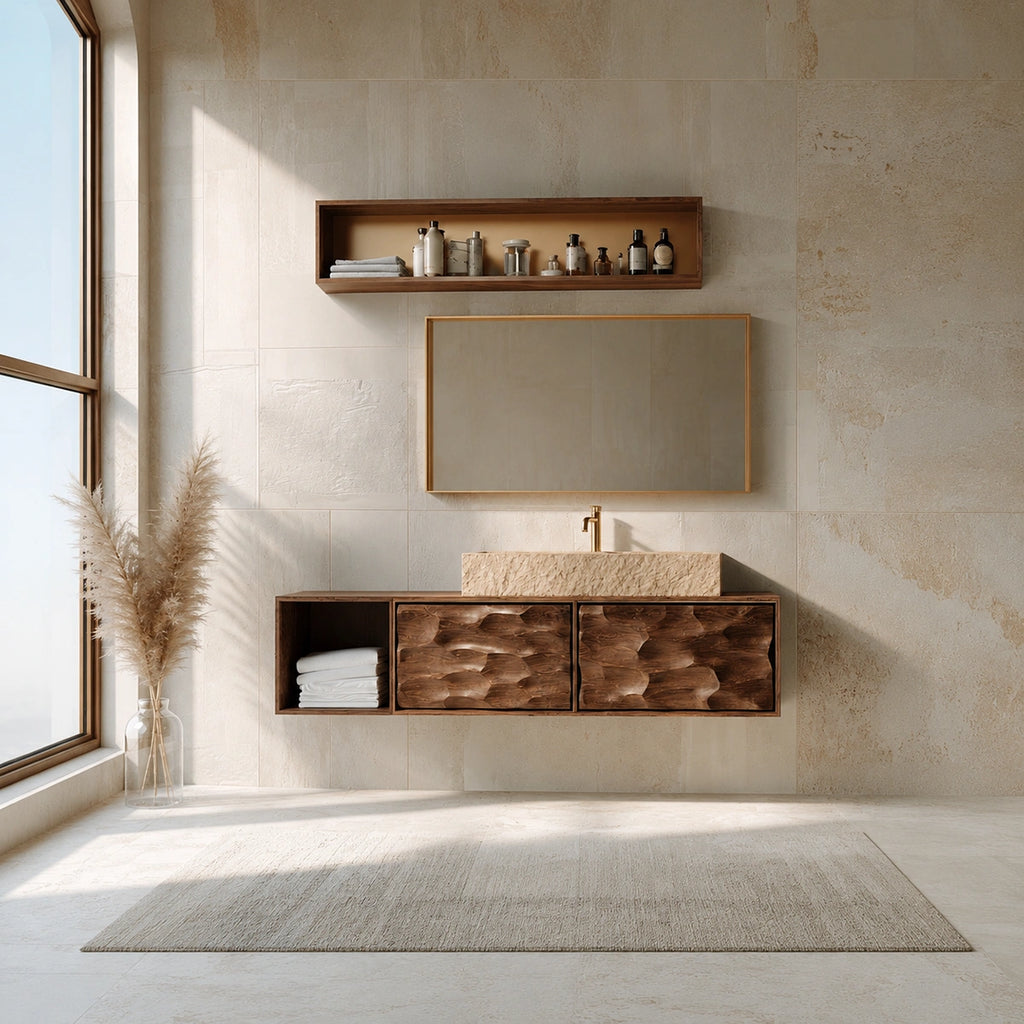 Natural Solid Wood Bathroom Cabinet with Side Shelf and 2 Doors
