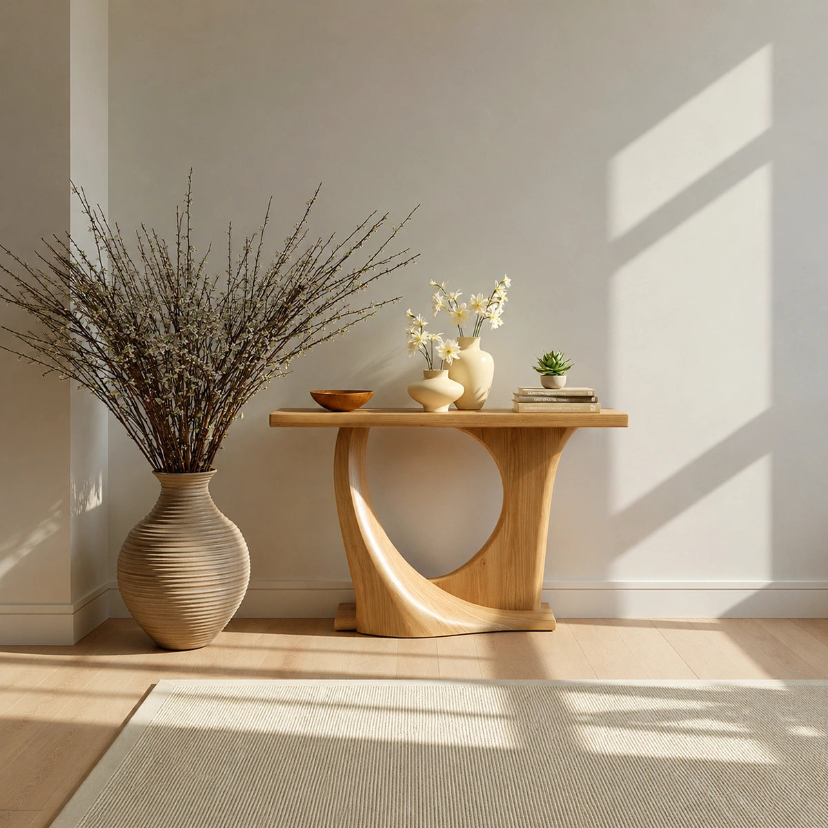 Natural Solid Wood Console Table with Sculptural Circle Base