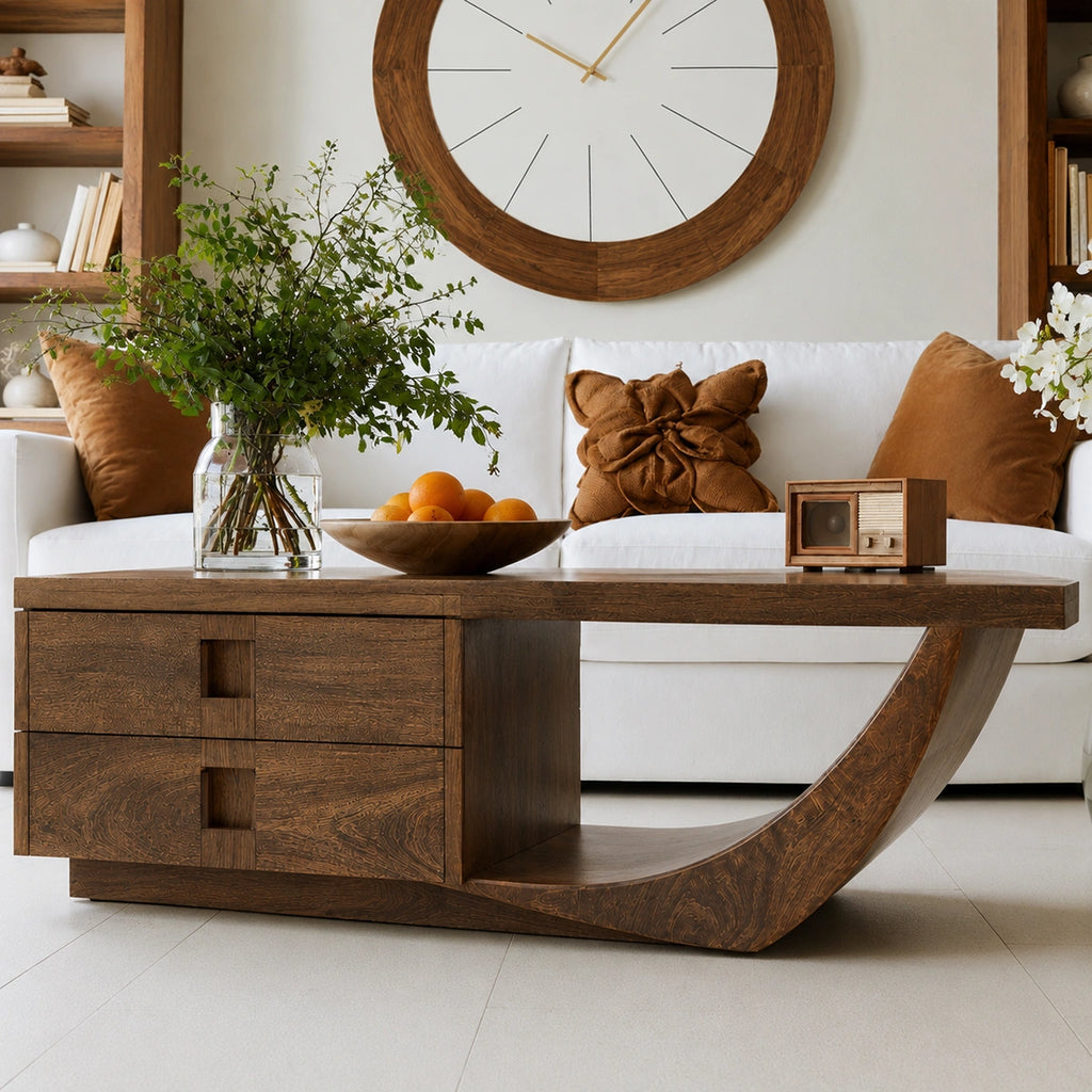 Natural Solid Wood Coffee Table – Sculptural Modern Storage Style