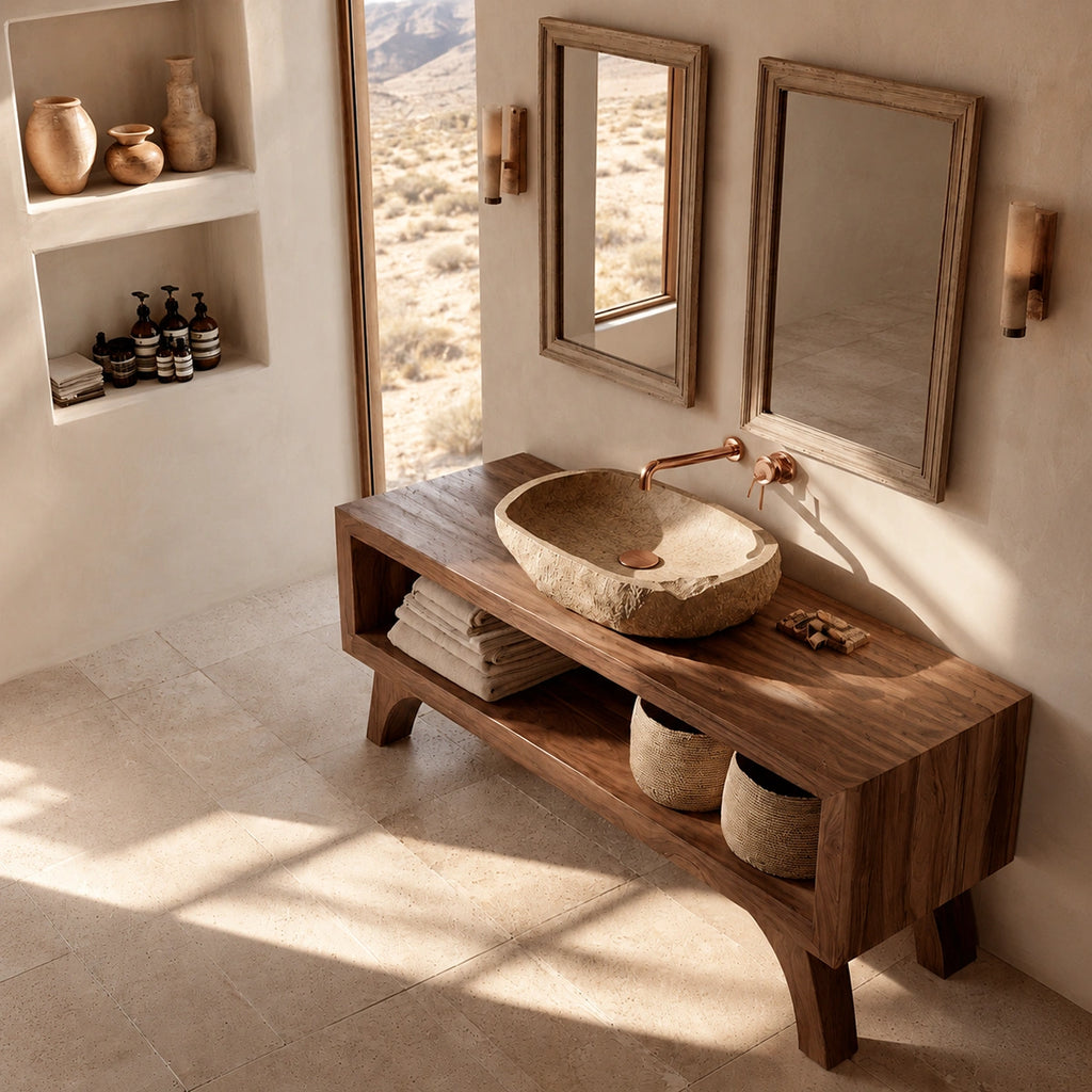 Natural Solid Wood Bathroom Vanity with Open Shelf – Rustic Wabi Sabi Style