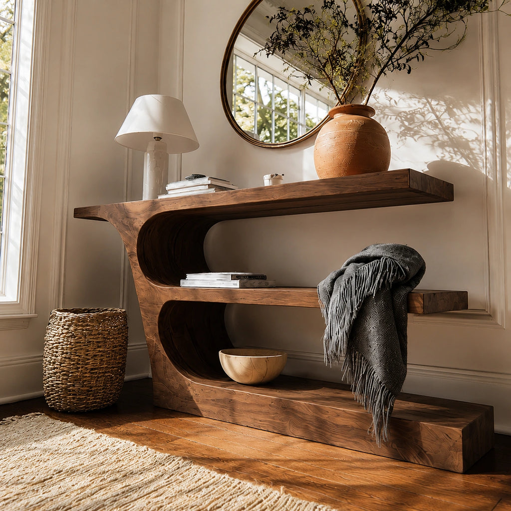 Natural Solid Wood Console Table with Sculptural Open Shelf Design