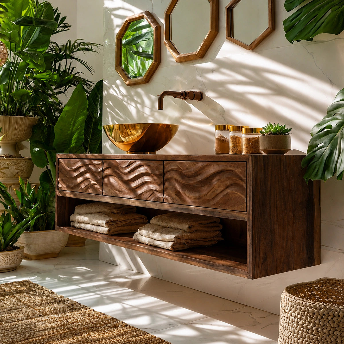 Natural Solid Wood Floating Bathroom Vanity with 3 Drawers and Open Shelf