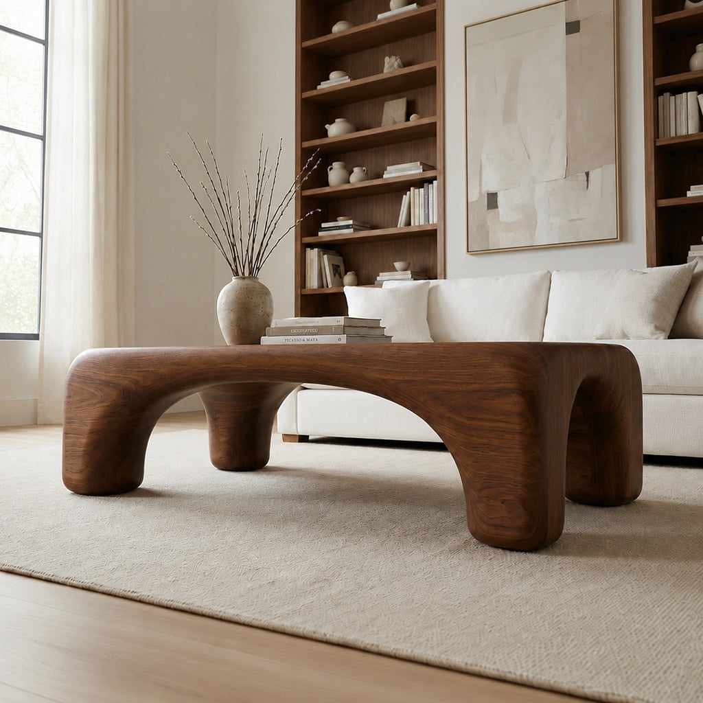 Natural Solid Wood Coffee Table with Rounded Top and Sculptural Arch Legs