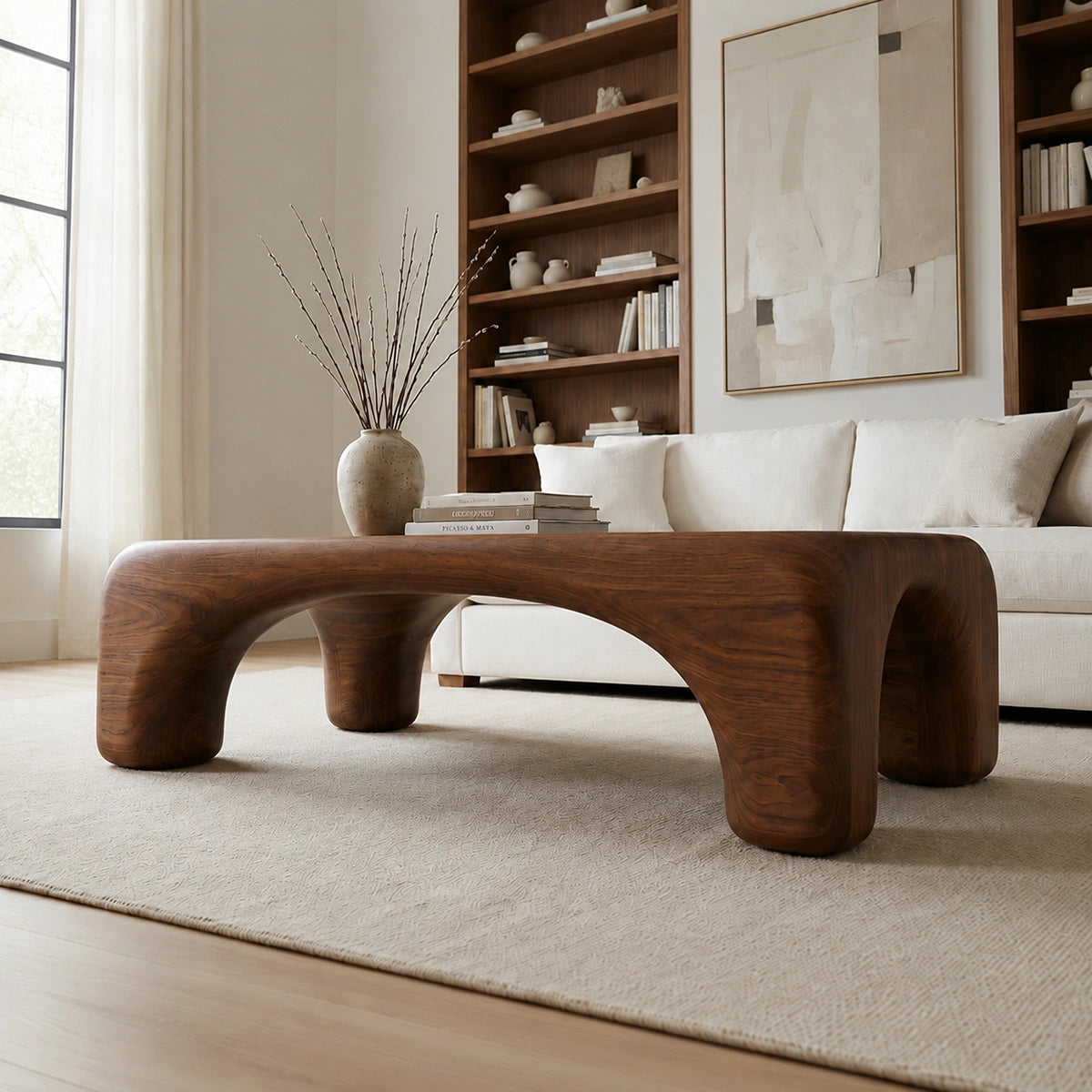 Natural Solid Wood Coffee Table with Rounded Top and Sculptural Arch Legs