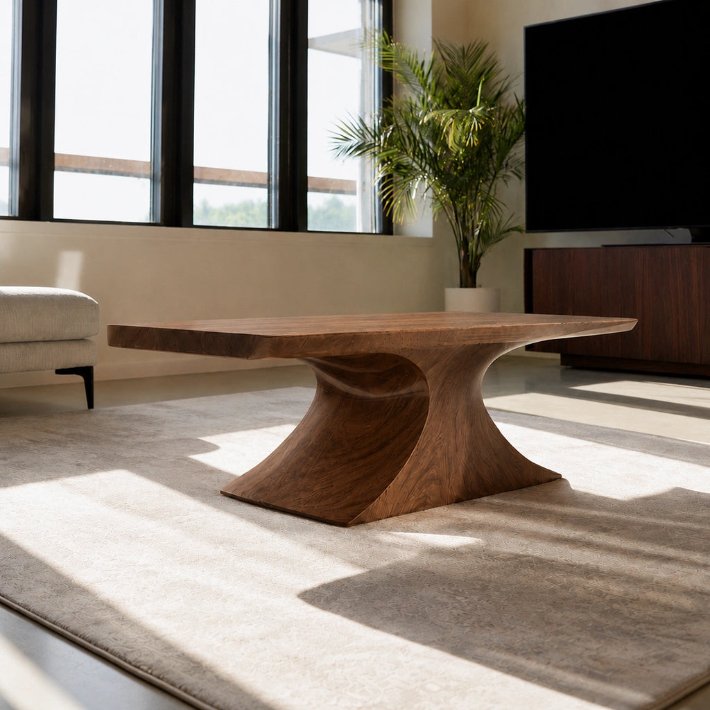 Natural Solid Wood Coffee Table – Sculptural Pedestal Modern Style