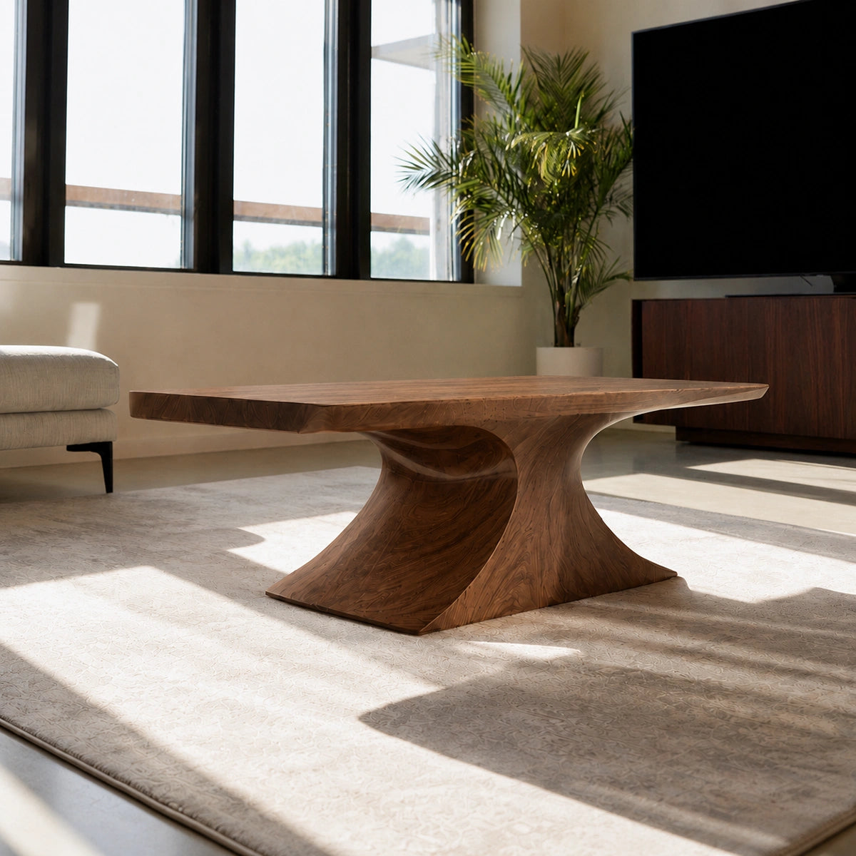 Natural Solid Wood Coffee Table – Sculptural Pedestal Modern Style