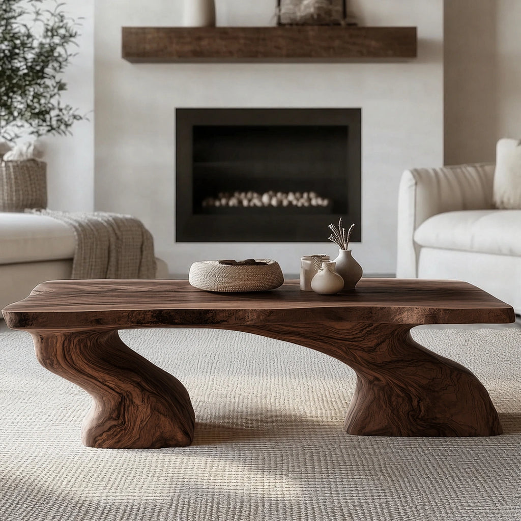 Natural Solid Wood Coffee Table with Sculptural Curved Base