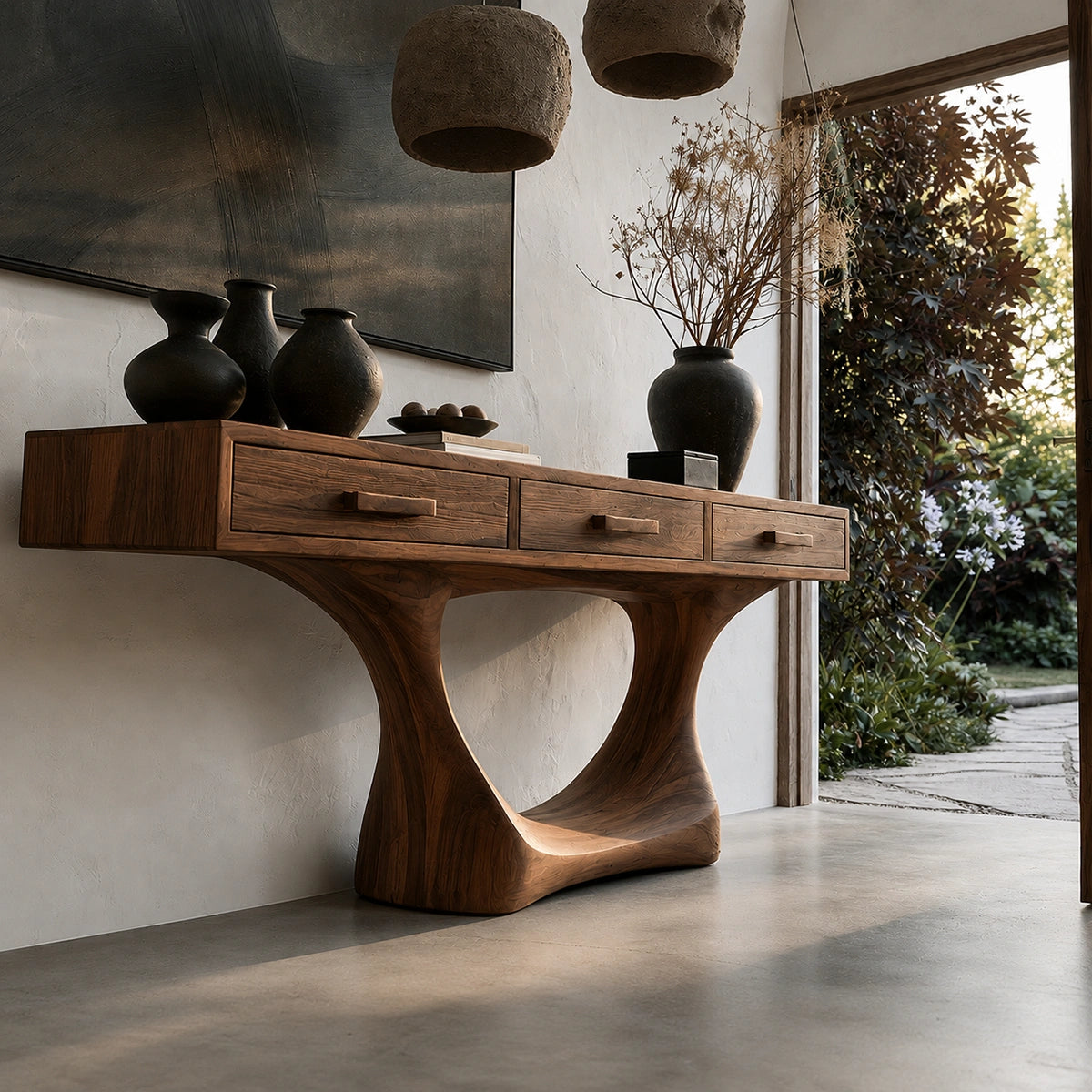 Natural Solid Wood Console Table with Three Drawers and Sculptural Pedestal Base