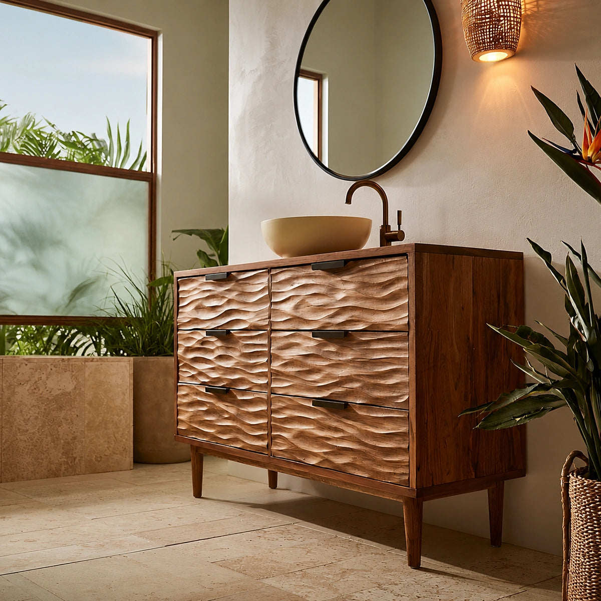 Solid Wood Bathroom Vanity Cabinet with Textured Drawer Fronts – Modern Rustic Floating Sink Console, Walnut Finish Storage Cabinet