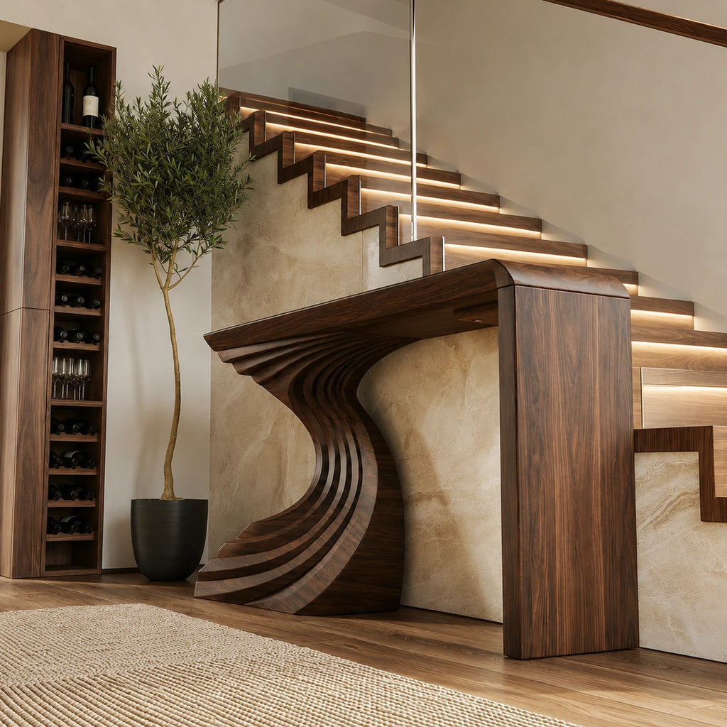 Sculptural Wave Base Natural Solid Wood Console Table for Entryways