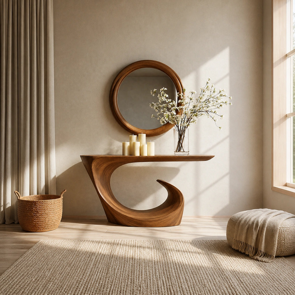 Wave Form Natural Solid Wood Console Table for Modern Entryways