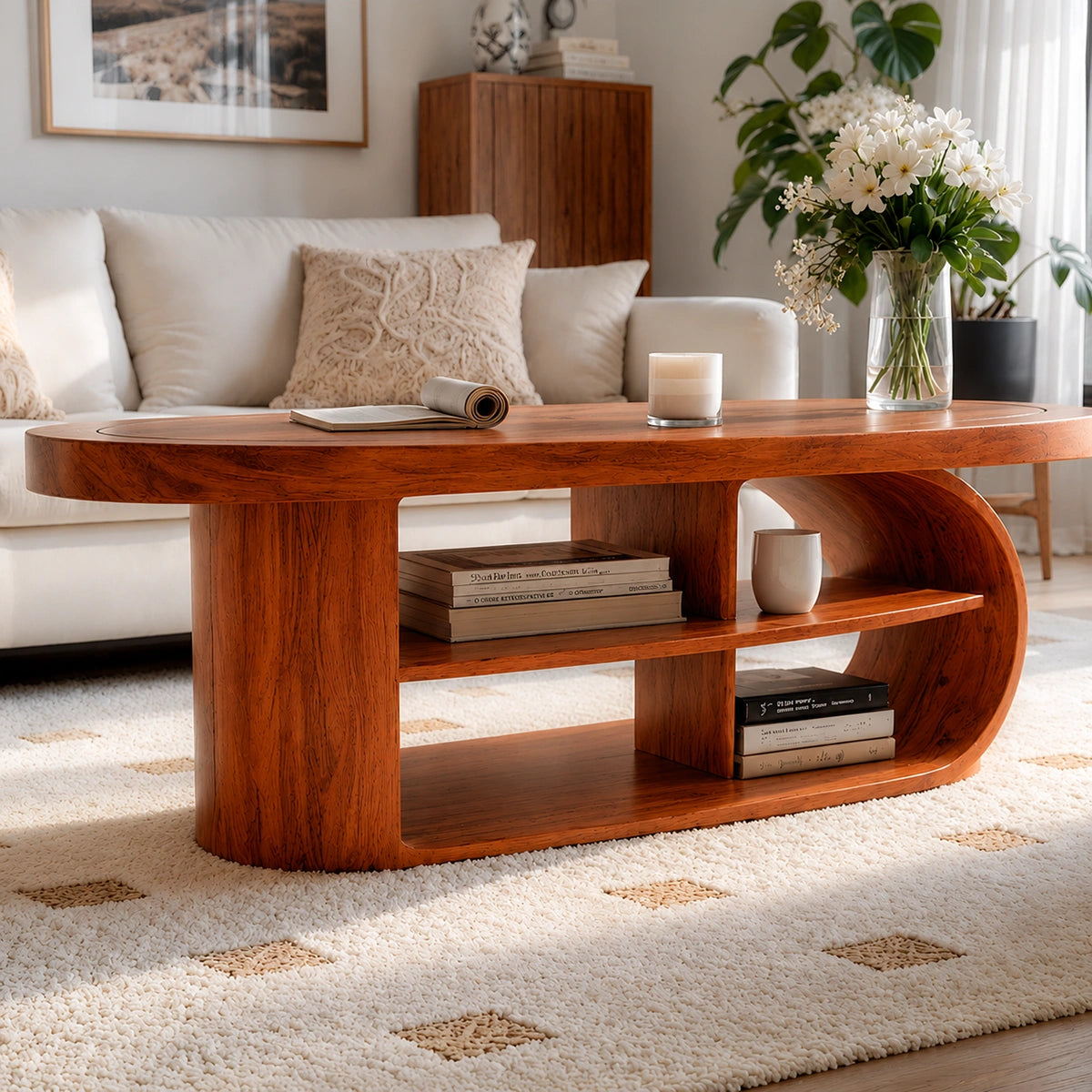 Natural Solid Wood Oval Coffee Table with Open Shelves and Curved Loop Base
