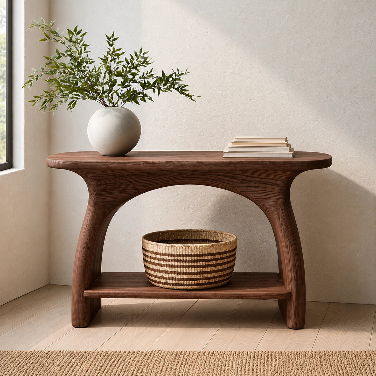 Natural Solid Wood Console Table with Sculptural Arch Base and Open Shelf