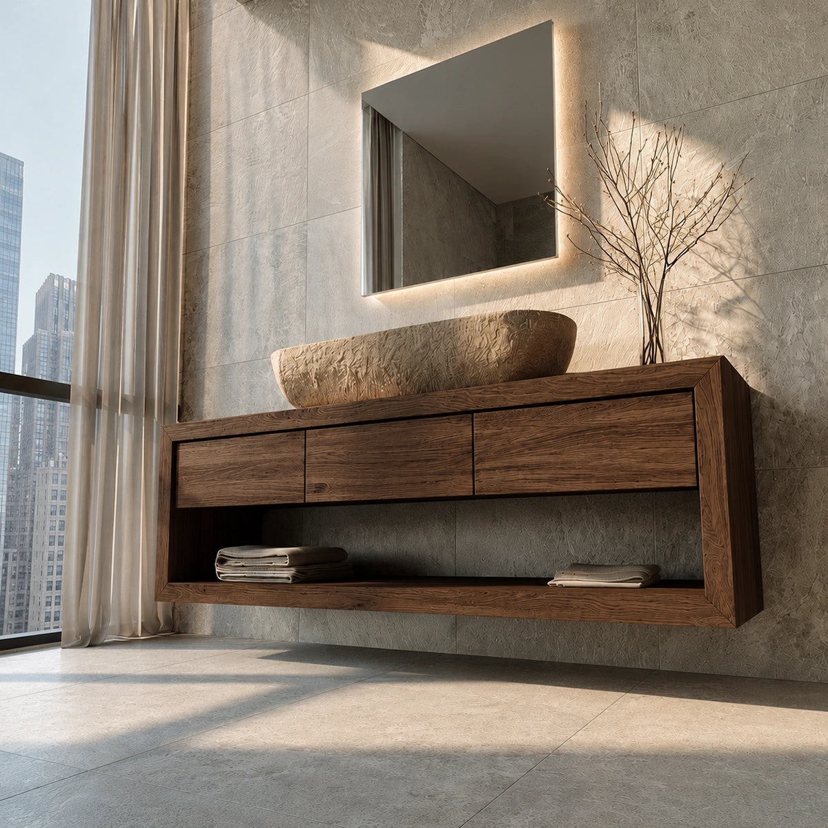 Natural Solid Wood Floating Bathroom Vanity with 3 Drawers and Open Shelf