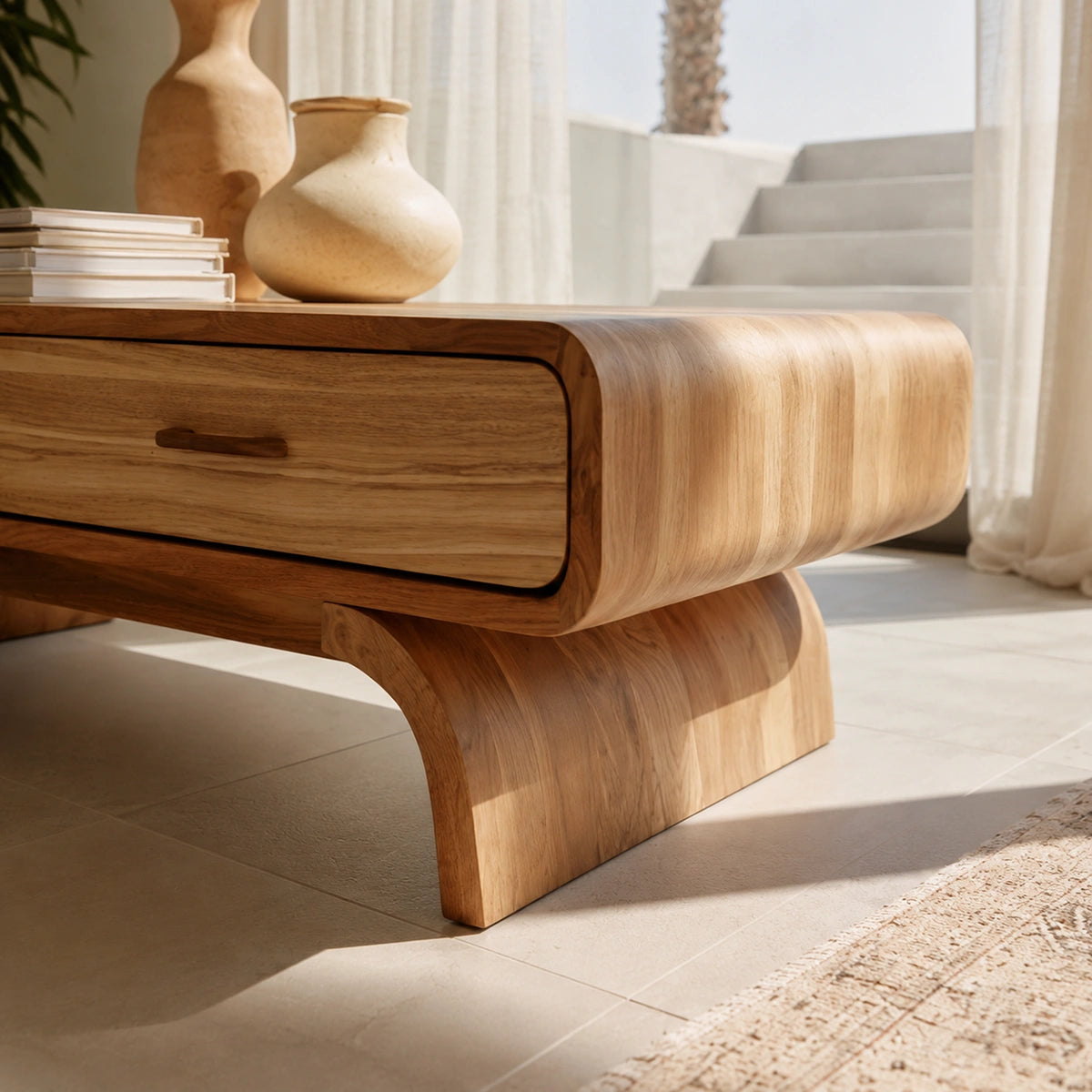 Natural Solid Wood Coffee Table with 2 Drawers – Rounded Japandi Style