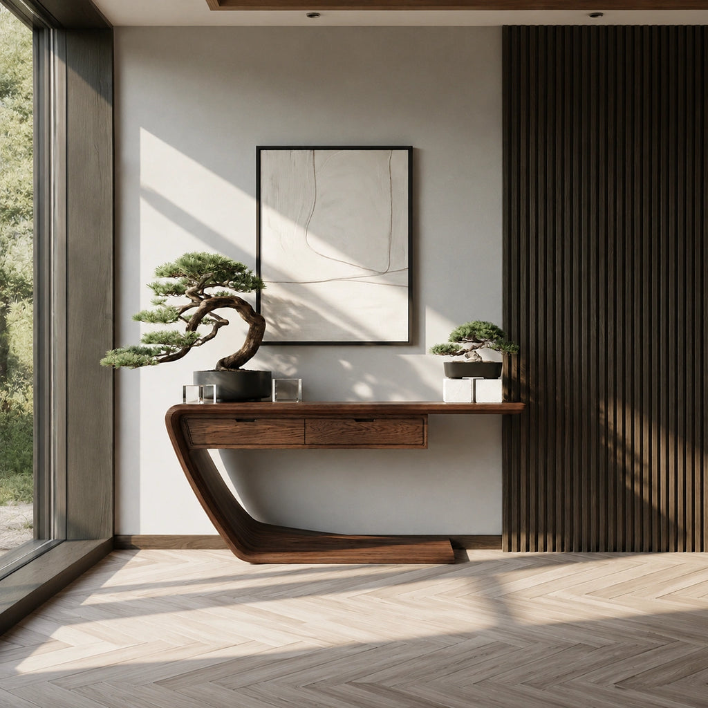 Floating Curve Natural Solid Wood Console Table with Dual Drawers